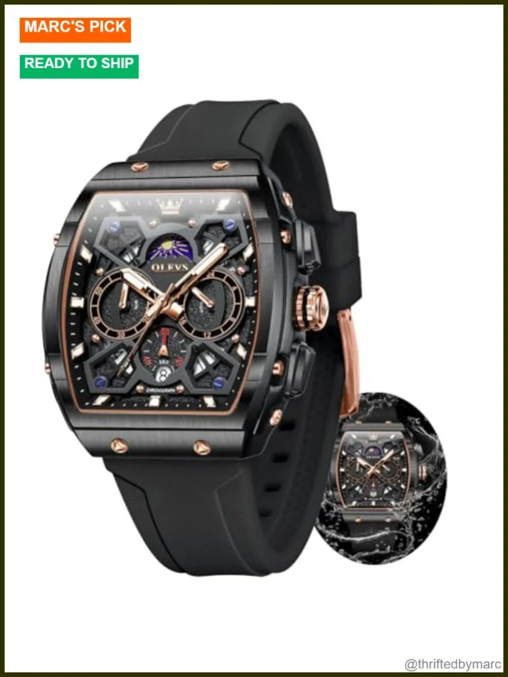 Chronograph Waterproof Rectangle Moon Phase Luminous Quartz Calendar Men's